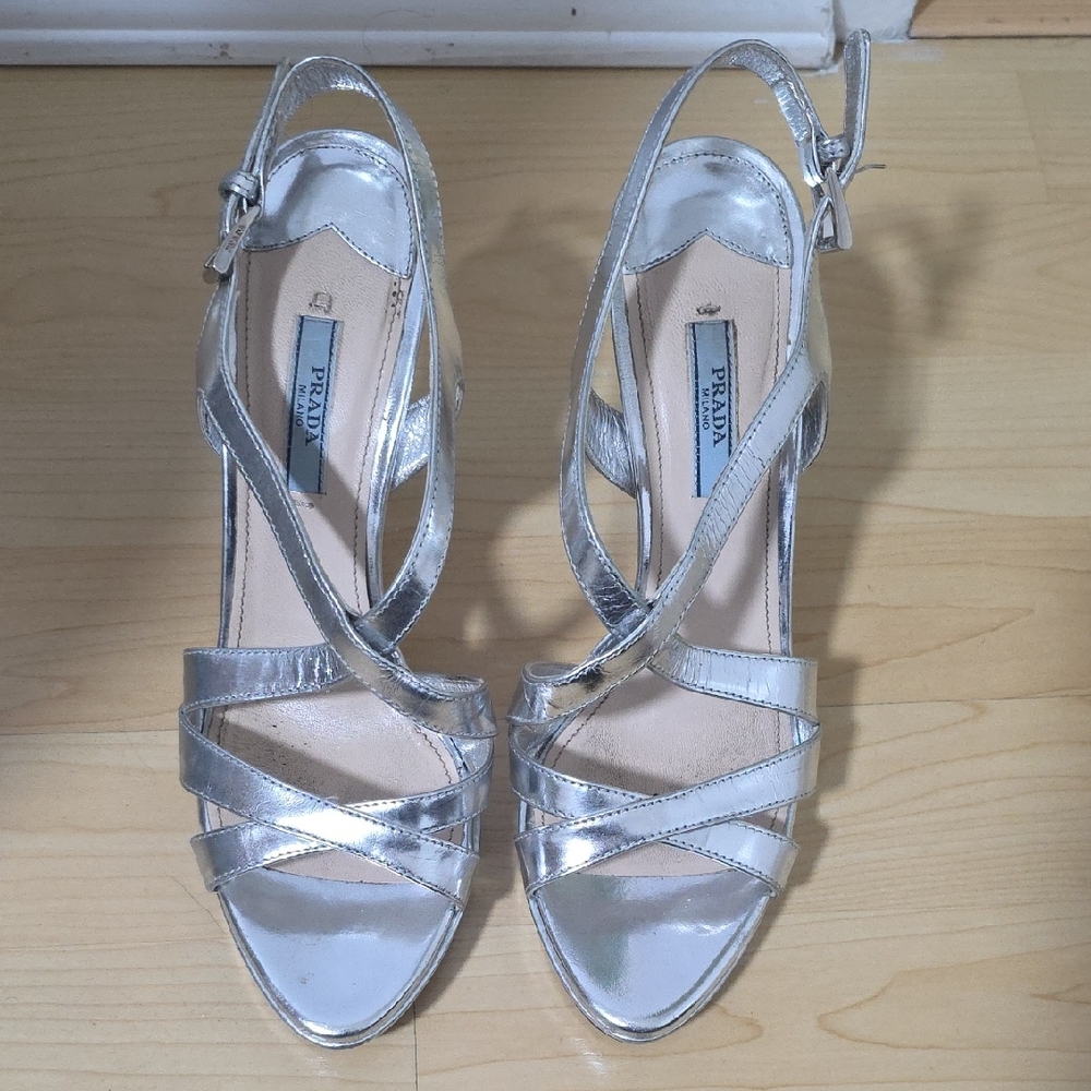 Prada Metallic Silver Strappy Heels Size 38.5